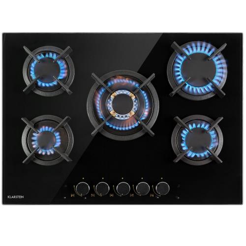 Klarstein Goldflame 5, płyta gazowa, 5 palników z mosiądzu, szkło ceramiczne
