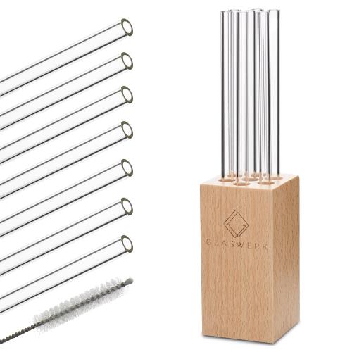Klarstein Glaswerk Salizzada, słomki szklane, 7 sztuk, 0,8 x 20 cm (Ø x wys.), drewniana oprawka, szczoteczka