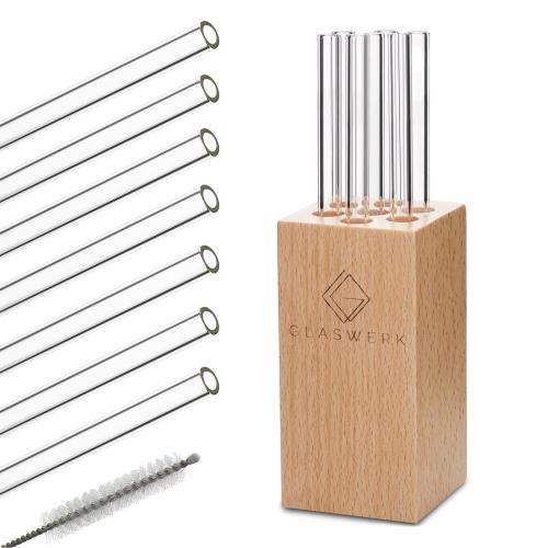 Klarstein Glaswerk Frezzeria, słomki szklane, 7 sztuk, 0,8 x 15 cm (Ø x wys.), drewniana oprawka, szczoteczka