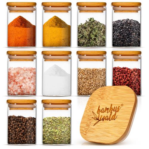 Klarstein Zestaw kwadratowych słoików na żywność, bambusowe pokrywki, 10 x 150 ml, szczelne