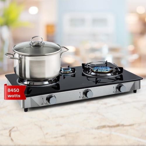 Klarstein Barzona 3, przenośna kuchenka gazowa, turystyczna, 3 palniki 3,4 kW i 0,75 i 4,3 kW, szklana płyta, obudowa ze stali nierdzewnej