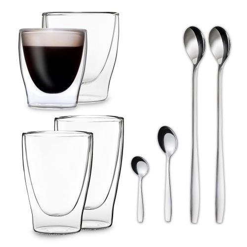 Feelino DUOS, szklanki termiczne z podwójną ścianką, z łyżeczkami, zestaw: 80 ml, 200 ml, 310 ml, 400 ml