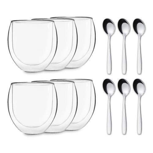 Feelino DUOS Jumbo, szklanki termiczne z podwójną ścianką, z łyżeczkami, 6 x 310 ml