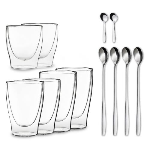 Feelino DUOS, szklanki termiczne z podwójną ścianką, z łyżeczkami, zestaw: 2 x 80 ml, 2 x 310 ml, 2 x 400 ml