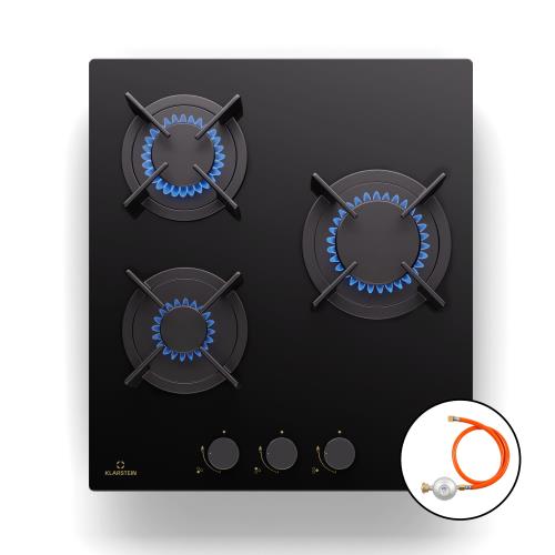 Klarstein Goldflame, płyta gazowa, 3-palnikowa, mosiężne palniki, ceramika szklana, czarna