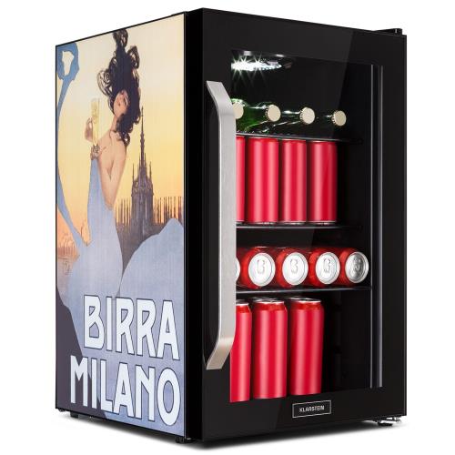 Klarstein Beersafe 70 Birra Milano Edition, lodówka na napoje, chłodziarka, 70 l, 3 półki, panoramiczne szklane drzwi, stal nierdzewna