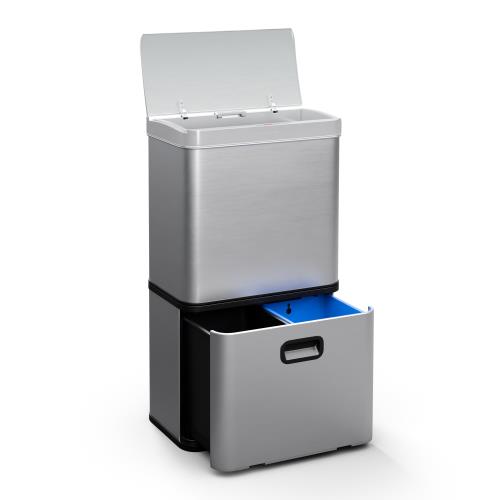 Klarstein Touchless, kosz na śmieci z czujnikiem, 56 l, stal nierdzewna, 3 pojemniki, domykanie Soft-Close, zasilanie bateryjne, wyświetlacz LED, timer