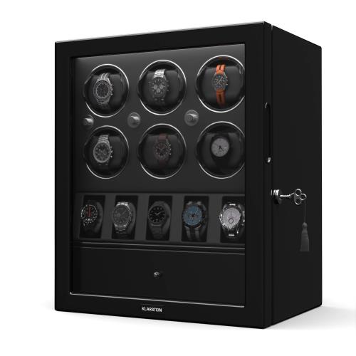 Klarstein ChronoVault rotomat, 6+5 zegarków, wegańska skóra, wysoki połysk, 4 tryby, silnik Mabuchi, LED, zasilacz sieciowy