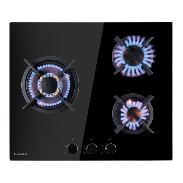 Klarstein Goldflame 3, płyta gazowa, 3 palniki z mosiądzu, szkło ceramiczne