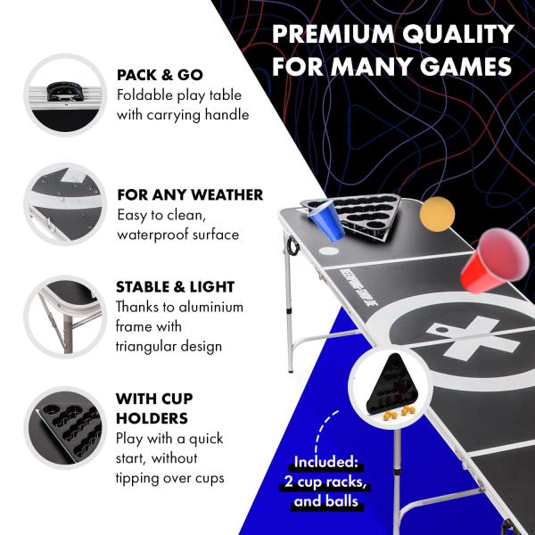 BeerCup Baseliner, stół do beer ponga, audio, uchwyty do przenoszenia, uchwyt na piłeczki, 6 piłeczek