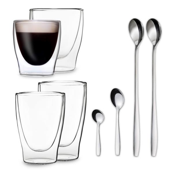 Feelino DUOS, szklanki termiczne z podwójną ścianką, z łyżeczkami, zestaw: 80 ml, 200 ml, 310 ml, 400 ml