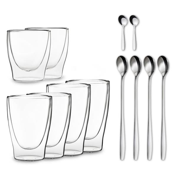 Feelino DUOS, szklanki termiczne z podwójną ścianką, z łyżeczkami, zestaw: 2 x 80 ml, 2 x 310 ml, 2 x 400 ml