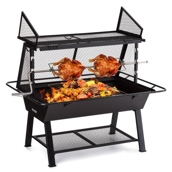 Blumfeldt Milos Alto, grill węglowy z rożnem, ognioodporna konstrukcja stalowa, półka na drewno