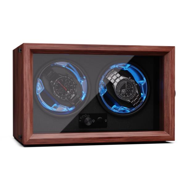 Klarstein Brienz 2, rotomat do zegarków, 2 zegarki, 4 tryby, wygląd drewna, niebieskie oświetlenie