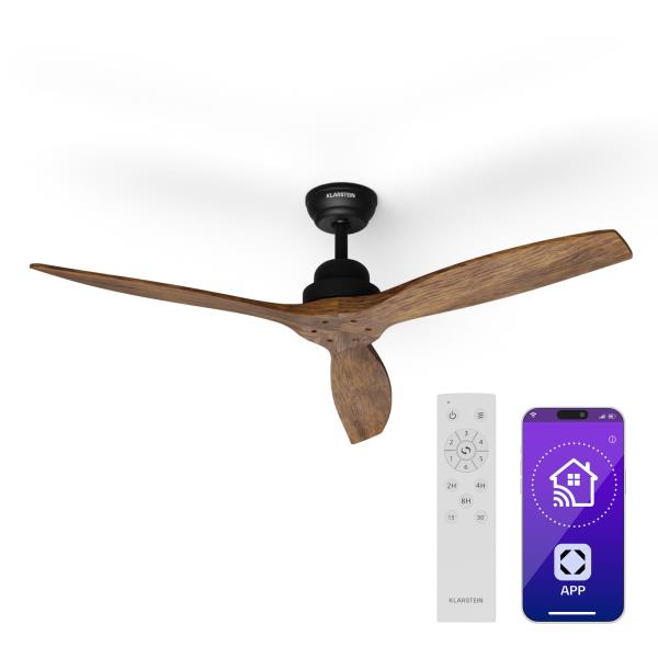 Klarstein Santa Elena Smart, wentylator sufitowy, 52", 10260 m³/h, łopatki z prawdziwego drewna, 6 stopni, pilot zdalnego sterowania, sterowanie pzy użyciu aplikacji
