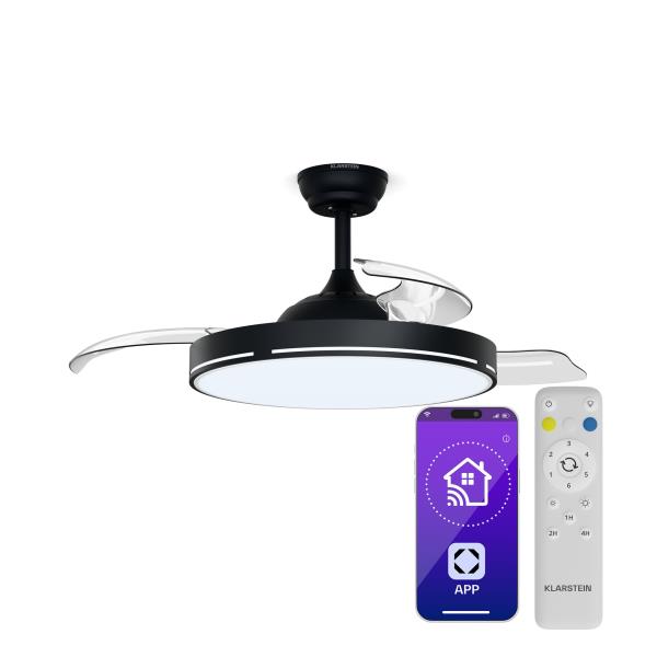 Klarstein AirFold, Inteligentny wentylator sufitowy, Składane łopatki, Ściemnialne oświetlenie LED, Smart